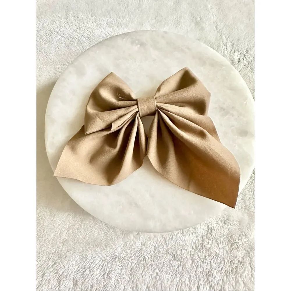Light brown satin hair bow with clip